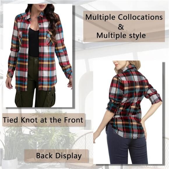 Match Womens Button Down Flannel Plaid Shirts roll up Long Sleeve Shackets - Picture 4 of 8